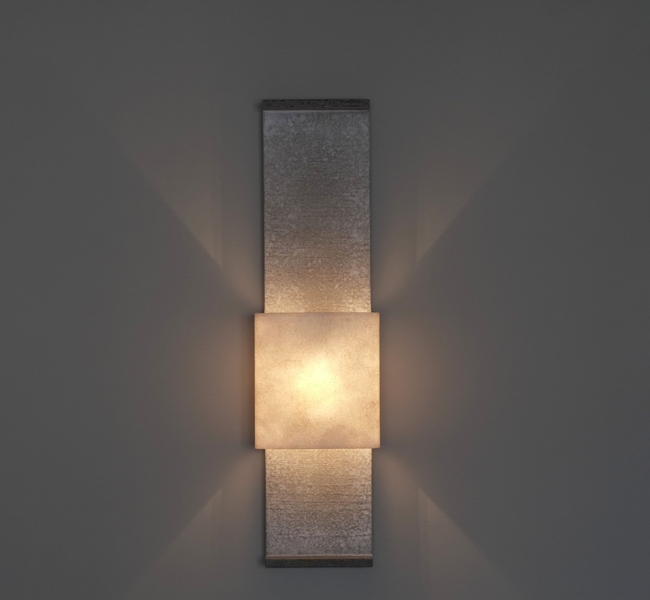 Gorgeous contemporary architectural wall light, up and down lighter, unusual artisanal wall applique made in bronze, faux bronze or stone finish with bronze ends.  