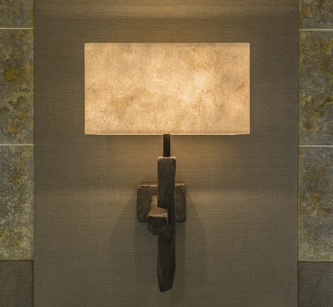Wall Sconce in carved hard wood, by Hannah Woodhouse, bronze finish wall sconce, for super yacht Inukshuk 