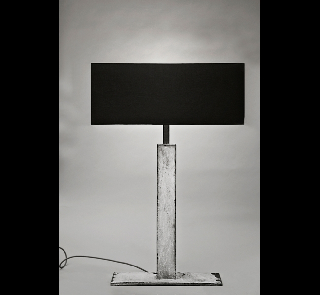 Distressed antique finish on this striking architectural Long Island table lamp by artist Hannah Woodhouse. 