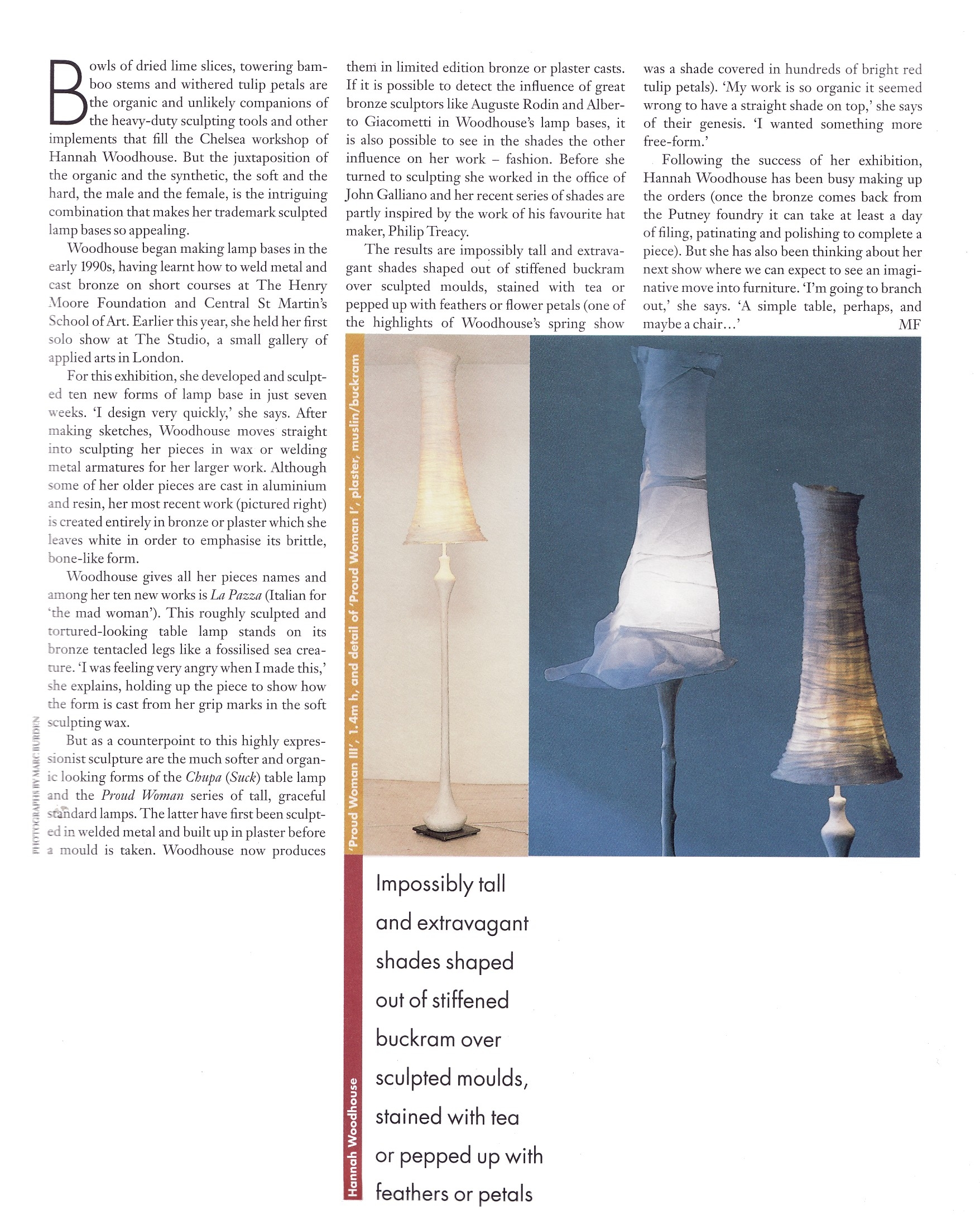 Beautiful plaster floor lamps by Hannah Woodhouse with hand made sculptural lampshades made in gossamer and voile